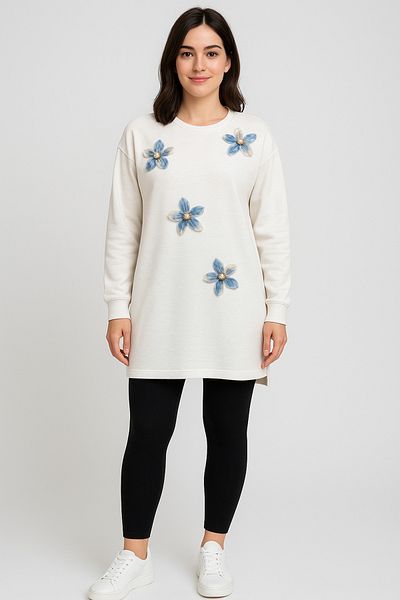 Birol Triko Women's Cream Slit Tunic with Floral Accessories