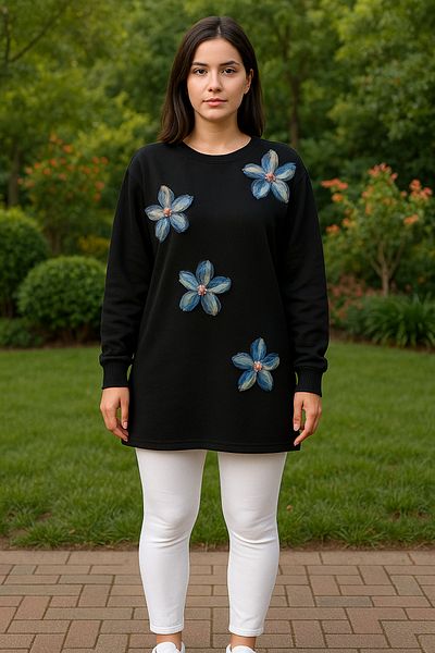 Birol Triko Women's Black Slit Floral Accessory Tunic