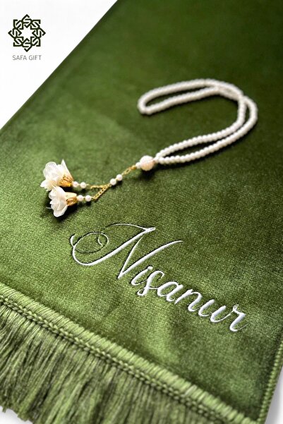 Safa Gift İsim Yazılı Kişiye Özel Lüks Kadife Seccade, Tesbih Hediyeli Çeyizl...