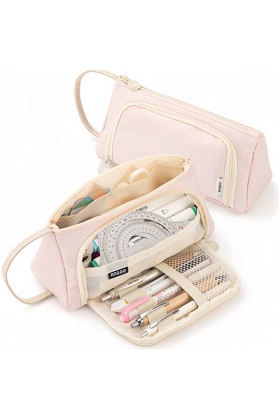 Choice Pale Pink Canvas Triangle Stationery Box, Large Capacity Portable Pencil Pouch Student Stationery Or