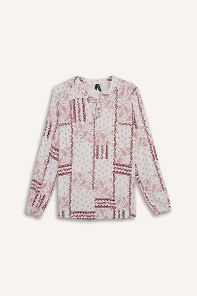 DeFacto Regular Fit Lace-Up Neckline Floral Print Long Sleeve Blouse N1809Az25Sp