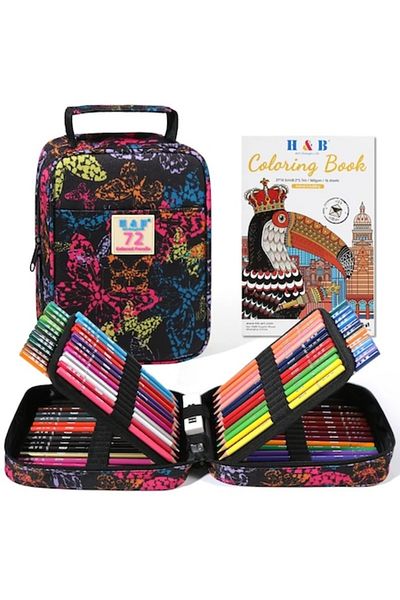 H&B Set De 72 Creioane Colorate, Multicolor, Penar Fluturi, Carti De Colorat, Ascutitoare Guma De Sters
