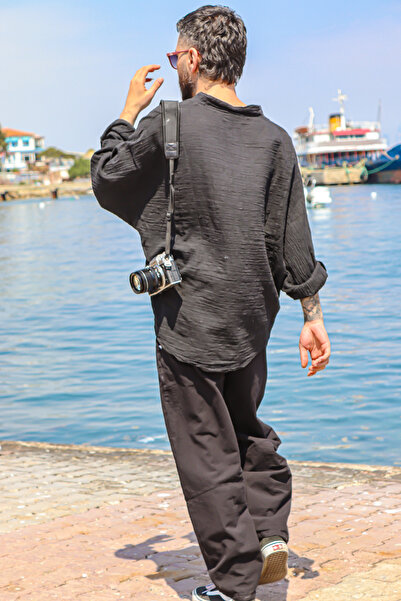 Oiki Keten Siyah Bohem Balon Pantolon – Bol Balon Kesim, Beli Lastikli Rahat ve Şık Tasarım