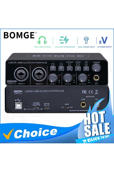 Choice BOMGE U202 USB Audio Interface with Mic Preamplifier XLR/TSR/TS Ports 48V 32-Bit/192kHz Resolutio...
