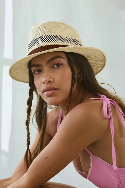 Külah Women's Mesh Breathable Faux Leather Striped Straw Panama Hat-Beige