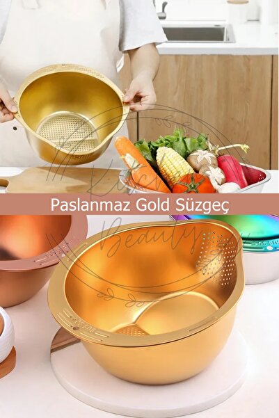 Kitchen Beauty Gold Paslanmaz Çelik Pirinç Süzgeci Makarna Salata Süzgeci 304...