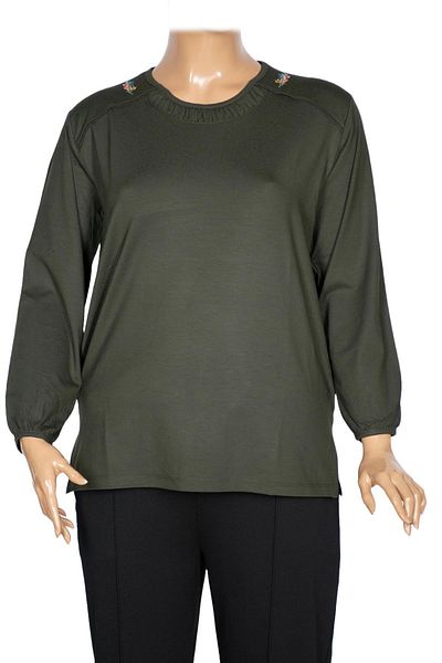 Pıtırcık Cimariva Women's Meyra Plus Size O Neck Embroidered Khaki Blouse