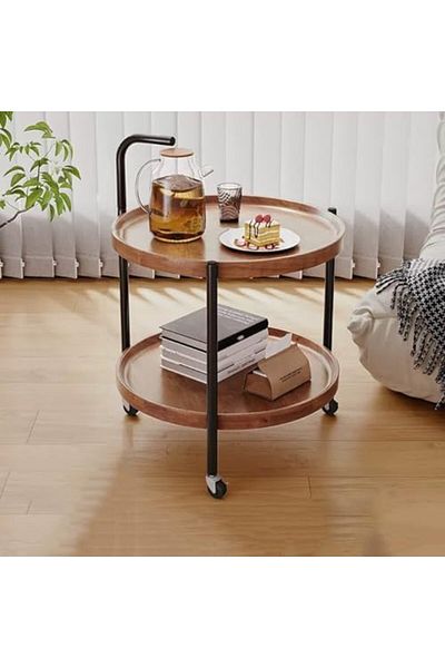 Generic Round Coffee Table with Rolling Wheels, Movable End Table/Bedside Table, 2 Layers Small Trolley for