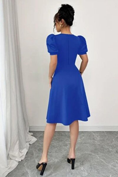 Mossta Rochie midi din crepon cu mâneci balon și nasturi în față - Saks