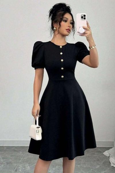 Mossta Front Button Balloon Sleeve Midi Crepe Dress - Black
