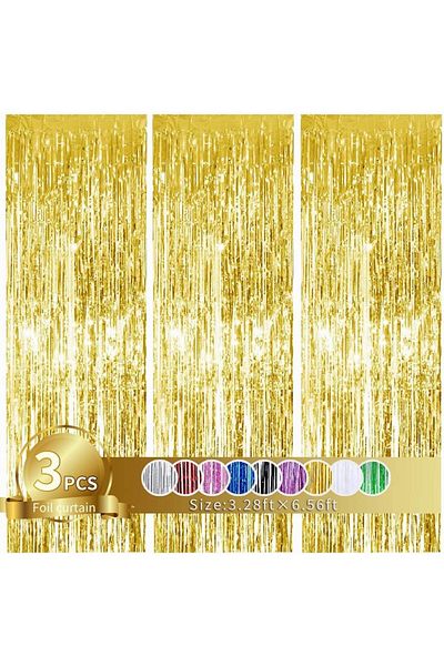 Choice 3pcs 3.28x6.56FT CY618-1 3Pcs, Backdrop Metallic Streamers Gold Foil Fringe Curtains for Birthday,Ch