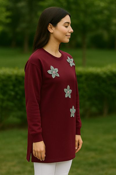 Birol Triko Women's Burgundy Slit Tunic with Floral Accessories