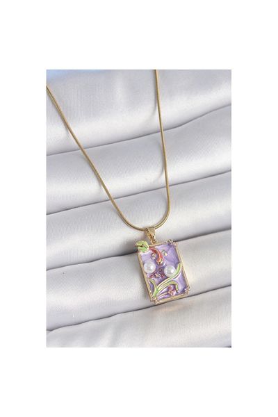 Skygo 316L Steel Gold Color Chain Purple Enamel Pearled Flower Embroidered Portrait Model Women's Necklace - Tj-Bko10192