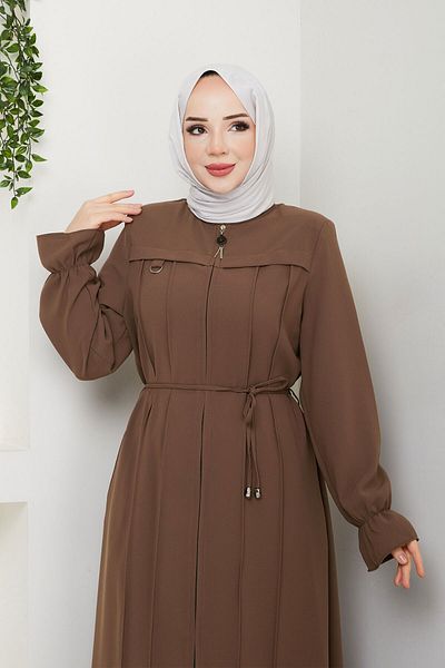 Tesettür Dünyası Λεπτομερής ρίγα Hijab Ferace TSD250199 Καφέ