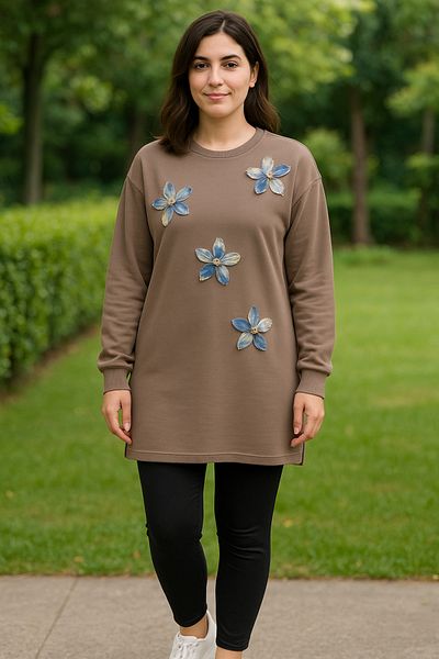 Birol Triko Women's Dark Beige Slit Tunic with Floral Accessories