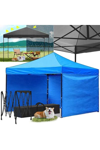 SERSIMO Pavilion tent with 3 side walls, solid steel structure, 3x3m with adjustable height, blue