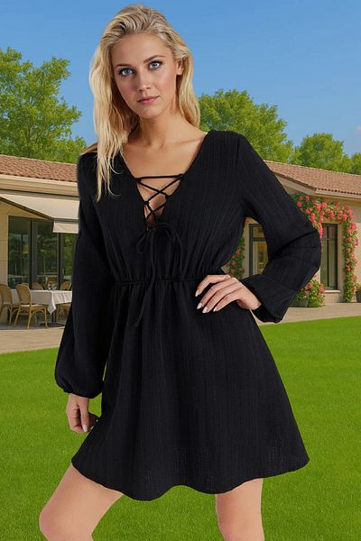 PayBuy Beach Dress Linen Blend Long Sleeve V Neck Mini Summer Professional Look Comfortable Cut