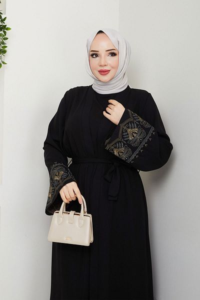 Tesettür Dünyası Σετ Abaya με Κεντητό Εσωτερικό Φόρεμα TSD250197 Μαύρο