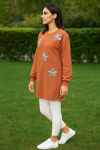 Birol Triko Women's Onion Peel Slit Floral Accessory Tunic