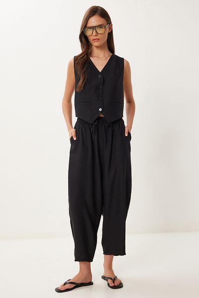 Lovelyİstanbul Crinkle Vest Baggy Trousers Set Black Lrv0109