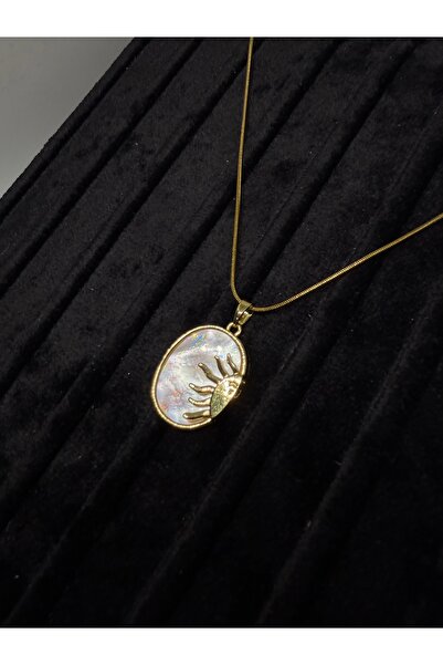 Gulsah's Store Çelik gold güneş detaylı sedefli beyaz oval kolye