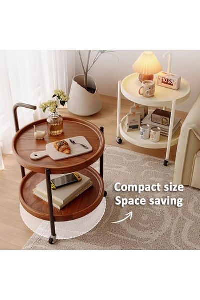 Generic Round Coffee Table with Rolling Wheels, Movable End Table/Bedside Table, 2 Layers Small Trolley for