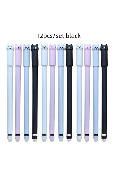 Choice 12pcs black 4/8/12pcs Creative Cat Erasable Gel Pens Set 0.5mm Washable Handle Magical Blue/Black In
