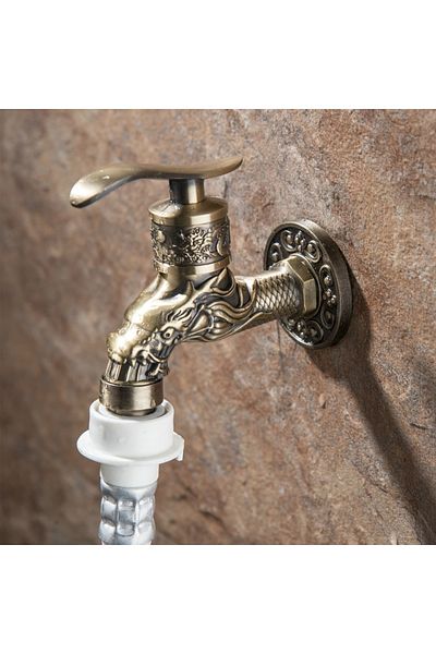 Choice Carved Wall Mount Zinc Alloy Antique Bronze Bibcock Decorative Outdoor Garden Washing Machine Fau...