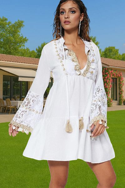 PayBuy Summer Beach Dress V-Neck Ruched Long Sleeve Cotton Mini Dress Quality Craftsmanship Comfortable Use