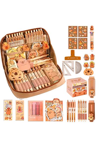 Choice a set Capybara Stationery Set Cute Pencil Case With Pens Clips Rulers Sticky Note 10-Color Ballpoint