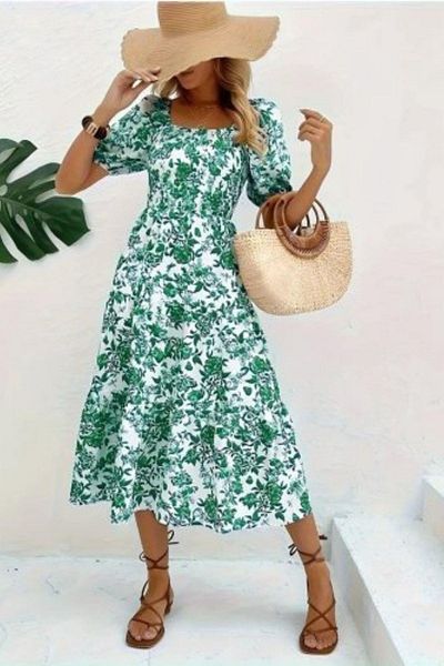 Mossta Square Neck Waist Elasticated Single Jersey Dress - Green