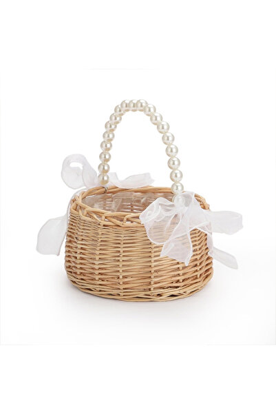 Choice سلة زهور للأطفال مصنوعة من الخيزران البني بمقبض من اللؤلؤ وقوس سلة عيد الفصح المنسوجة يدويًا من الخيزران