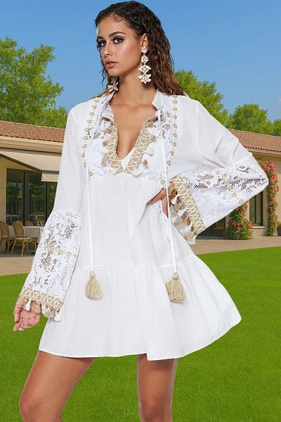 PayBuy Summer Beach Dress V-Neck Ruched Long Sleeve Cotton Mini Dress Quality Craftsmanship Comfortable Use