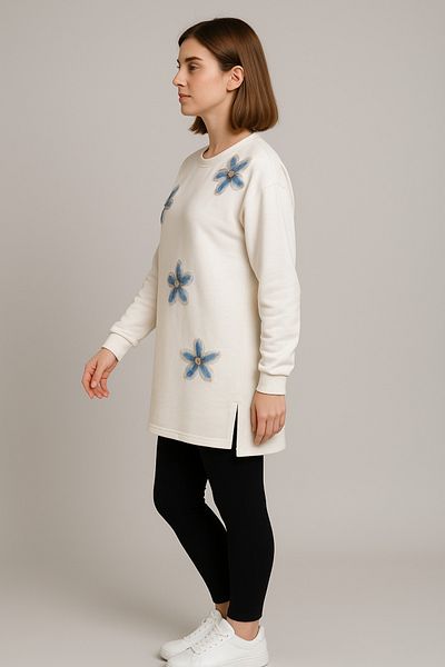 Birol Triko Women's Cream Slit Tunic with Floral Accessories