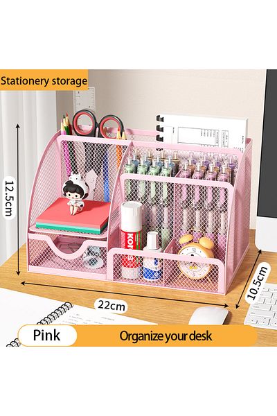 Choice Pink Mesh Pen Holder and Organizer Office Supplies with 7 Compartments, Desktop Organizer with Drawe