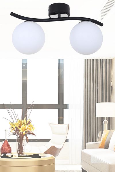 MŞ Aydınlatma Duo Black Chrome 2 White Glass Plafonier Chandelier