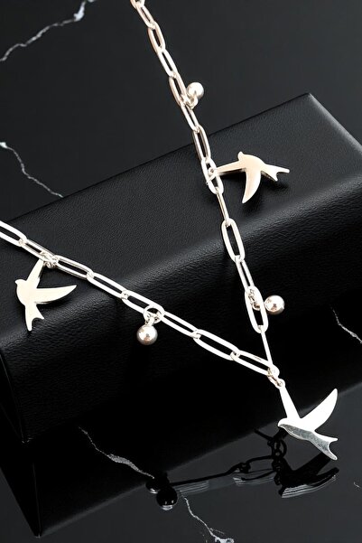 Lina Tia Kadın Çelik Zincirli Su Yolu Gümüş Kaplama Stilize Uçan Kuşlu Boncuk...