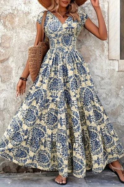 Mossta Patterned Double Breasted Neckline Short Sleeve Maxi Length Single Jersey Dress - Blue