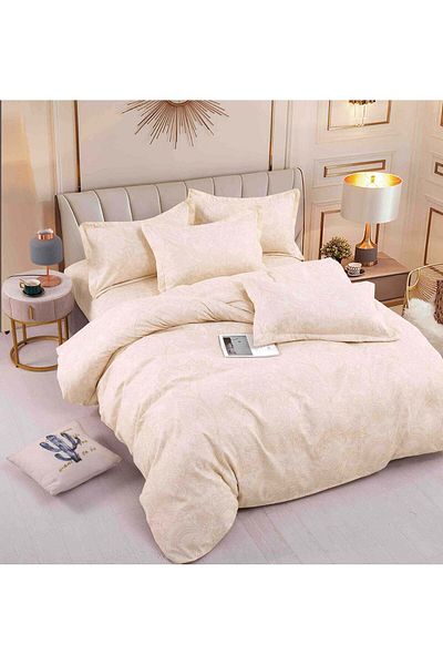 trendyhome Double Bed Linen with Elastic, 6 PIECES, Fine Cotton, Floral Pattern, Cream