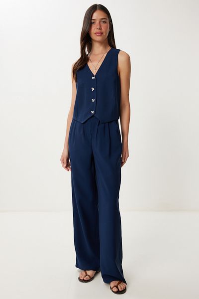 Lovelyİstanbul Bow Button Linen Vest Trousers Suit Dark Blue Lrv0110