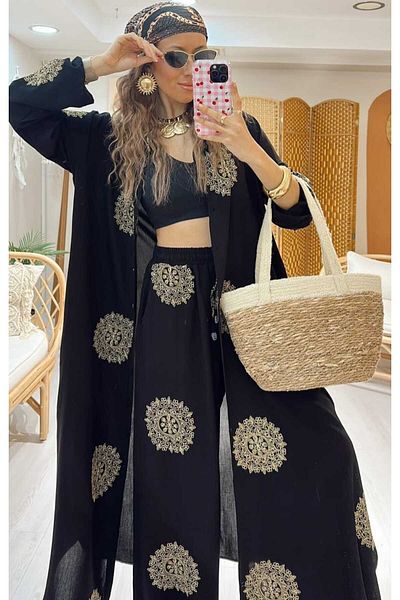QUAWEAR Shirt Collar Gold Glitter Embroidered Long Tunic with Side Pockets and Trousers Double Suit