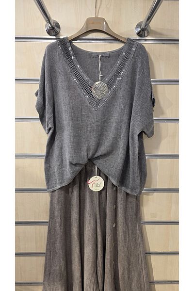 Park Moda Italian Linen Blouse Sequin V-Neck