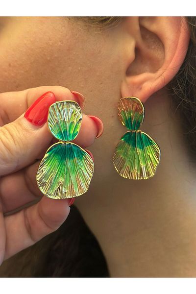 Gönülden Tasarım Green Leaf Patterned Women's Earrings 4 cm