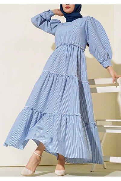 moda paketi Μπλε ινδιγό ριγέ υφασμάτινο φόρεμα χιτζάμπ από ύφασμα Seersucker