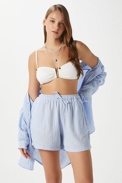 Ritnice Women's Jamie 100% Cotton Muslin Blue Shorts with Elastic Waist