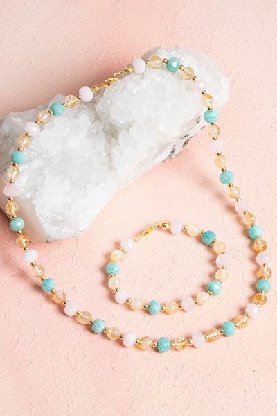 OSMANLI DOĞAL TAŞ Natural Set with Certified Citrine, Amazonite and Pink Quartz Stones
