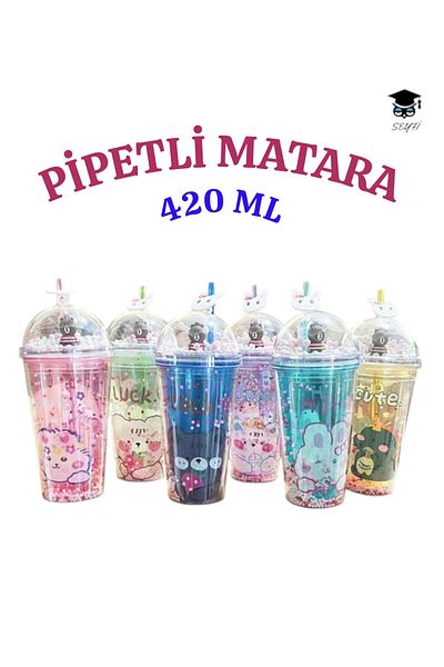 SEYFİKİRTASİYE 1Pcs Patterned Plastic Cup with Straw 420ml Mixed Color Shipping