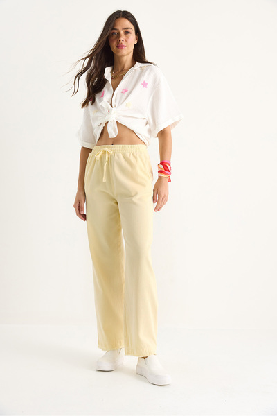 Bianco Lucci Women's Elastic Waist Leg Detailed Palazzo Mold Cotton Gabardine Summer Trousers 60283323