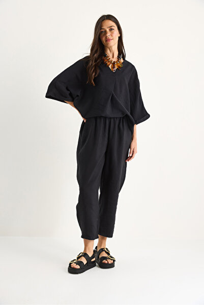 Bianco Lucci Women's V Neck Bat Sleeve Blouse Elastic Waist Pants Modal Set 60283237