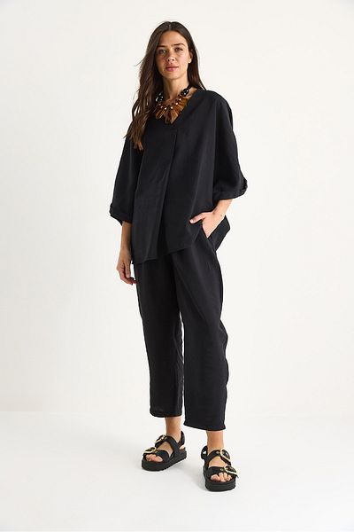 Bianco Lucci Women's V Neck Bat Sleeve Blouse Elastic Waist Pants Modal Set 60283237
